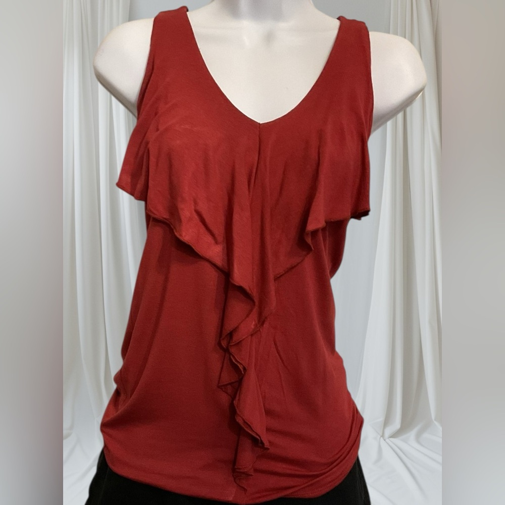 Soprano Deep Rust Red Ruffle Tank Top with Woven Accent Racerback. Y2K